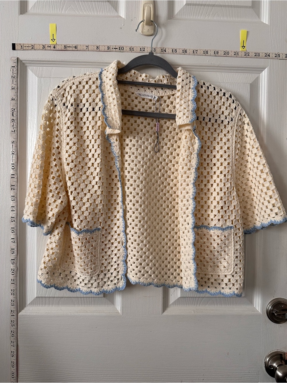 Avec Les Filles Cream Crochet Cardigan with Blue Trim